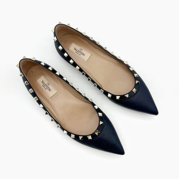 VALENTINO Rockstud Navy Blue Flat Size 37.5 Pointed Toe Leather Gold Stud - Picture 4 of 12